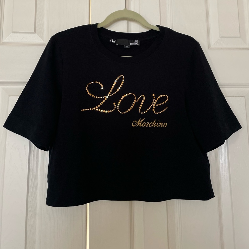 Love Moschino Logo Studded Black Cropped Tee- Size 4